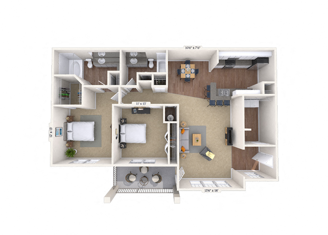 Floor plan for 2 beds, 2 baths, 1225 sqft