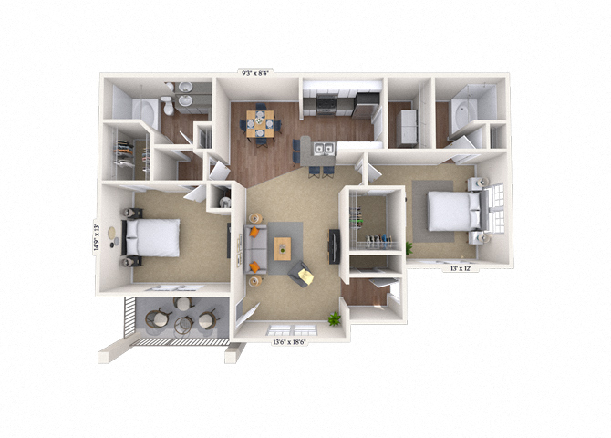Floor plan for 2 beds, 2 baths, 1285 sqft