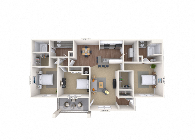 Floor plan for 3 beds, 2 baths, 1440 sqft