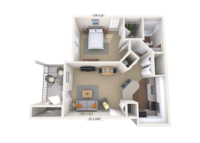 Floor plan for 1 bed, 1 bath, 718 sqft