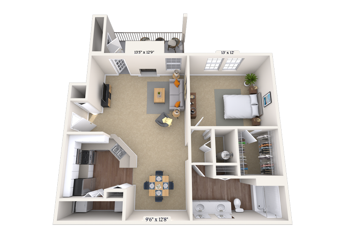 Floor plan for 1 bed, 1 bath, 826 sqft