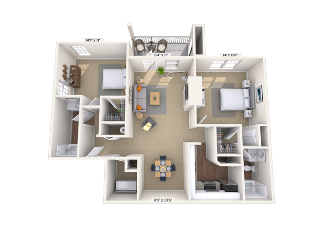 Floor plan for 2 beds, 2 baths, 1292 sqft
