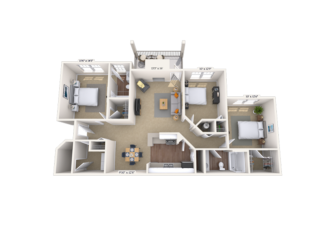 Floor plan for 3 beds, 2 baths, 1311 sqft
