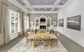 Duluth apartment for rent - a dining room with a large table and chairs and a fireplace