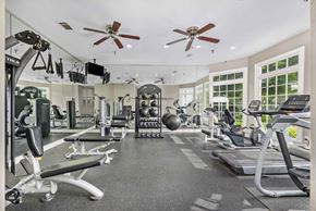 Duluth apartment for rent - a gym with weights and cardio equipment and ceiling fans