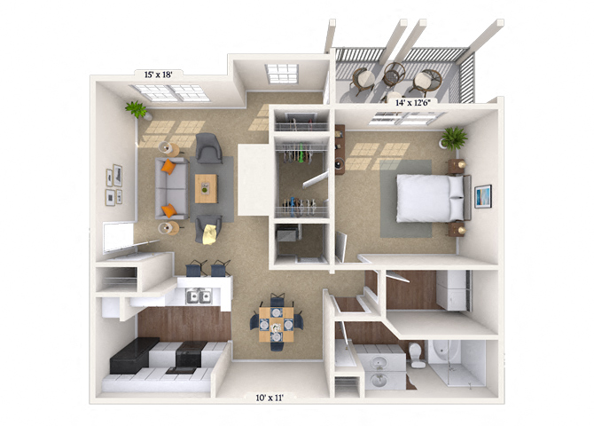 Floor plan for 1 bed, 1 bath, 915 sqft