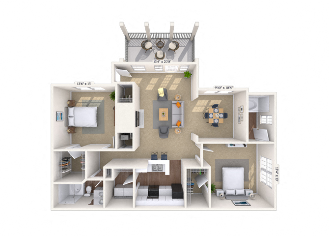 Floor plan for 2 beds, 2 baths, 1276 sqft