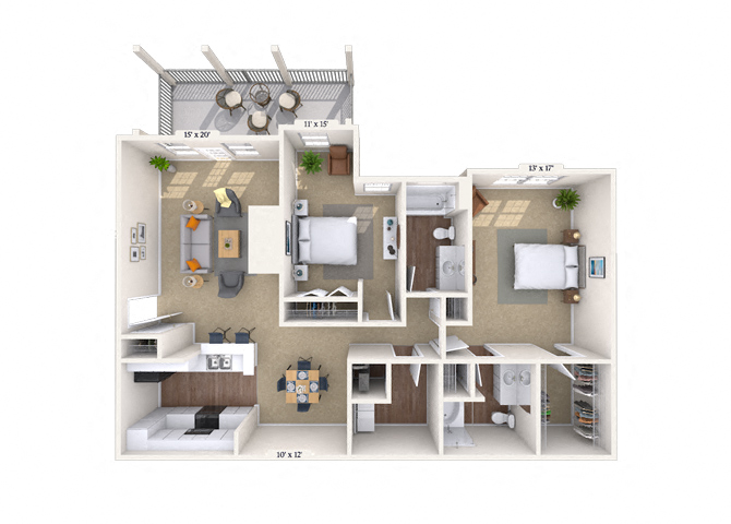 Floor plan for 2 beds, 2 baths, 1305 sqft