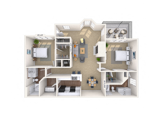 Floor plan for 2 beds, 2 baths, 1295 sqft