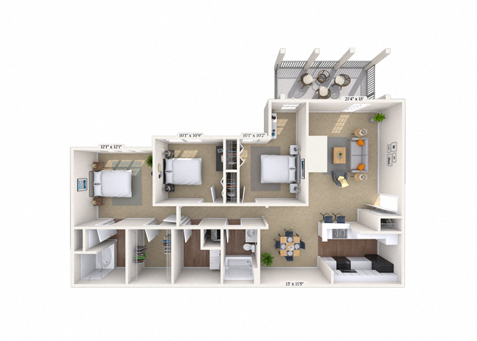 Floor plan for 3 beds, 2 baths, 1457 sqft