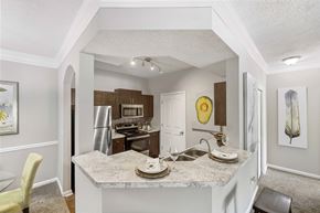Kennesaw apartment for rent - a kitchen with a marble counter top and a stainless steel refrigerator