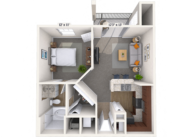 Floor plan for 1 bed, 1 bath, 636 sqft