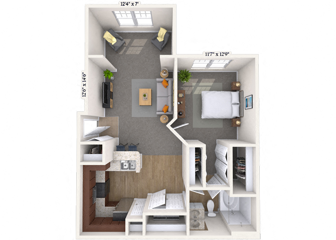 Floor plan for 1 bed, 1 bath, 711 sqft