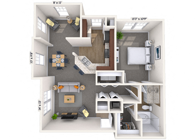 Floor plan for 1 bed, 1 bath, 879 sqft