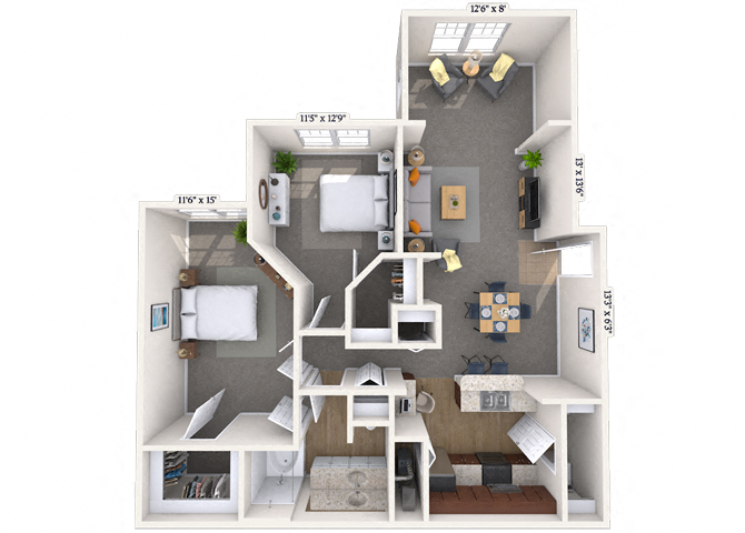 Floor plan for 2 beds, 2 baths, 1245 sqft