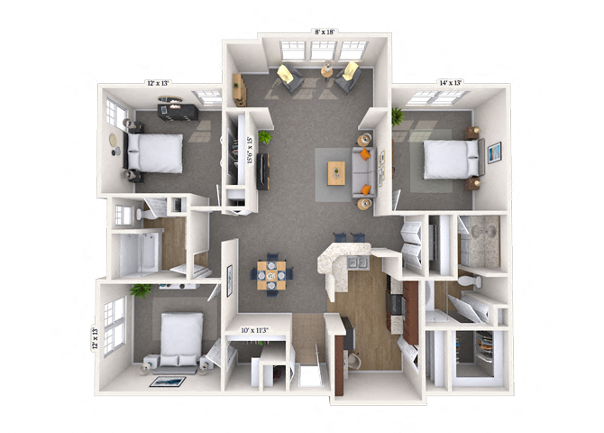Floor plan for 3 beds, 2 baths, 1550 sqft