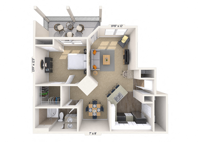 Floor plan for 1 bed, 1 bath, 860 sqft