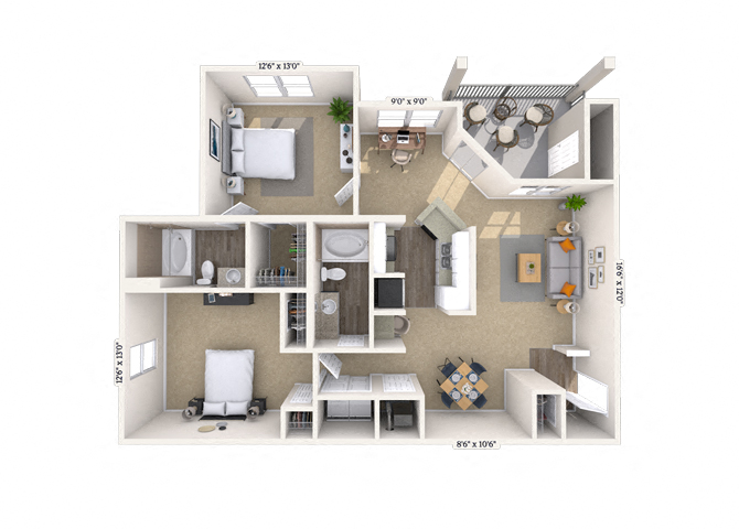 Floor plan for 2 beds, 2 baths, 1169 sqft