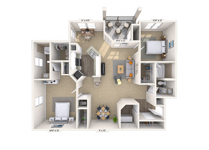 Floor plan for 2 beds, 2 baths, 1416 sqft