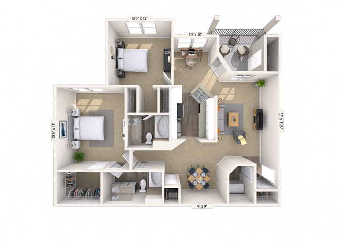Floor plan for 2 beds, 2 baths, 1195 sqft