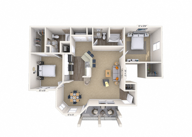 Floor plan for 2 beds, 2 baths, 1279 sqft