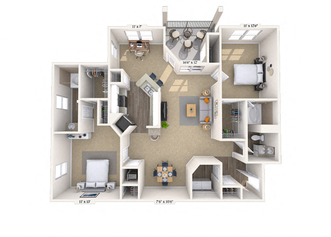 Floor plan for 2 beds, 2 baths, 1276 sqft