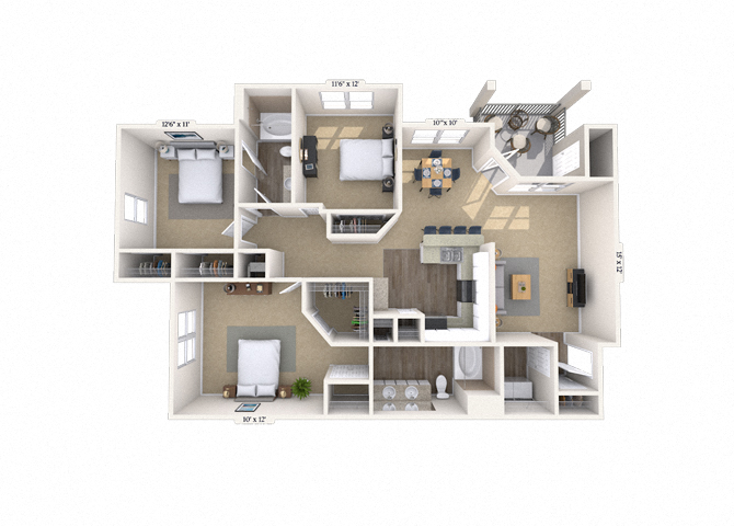 Floor plan for 3 beds, 2 baths, 1382 sqft
