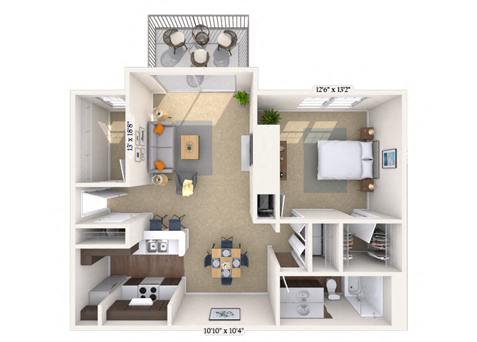 Floor plan for 1 bed, 1 bath, 901 sqft