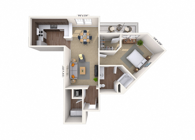 Floor plan for 1 bed, 1 bath, 919 sqft
