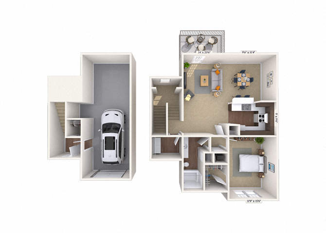 Floor plan for 1 bed, 1 bath, 1092 sqft