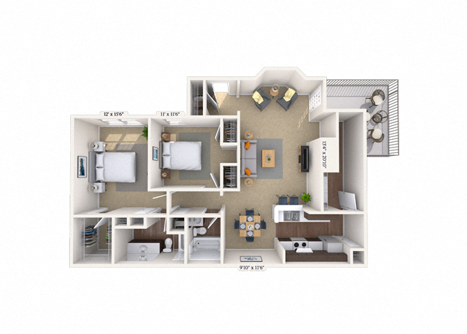 Floor plan for 2 beds, 2 baths, 1228 sqft