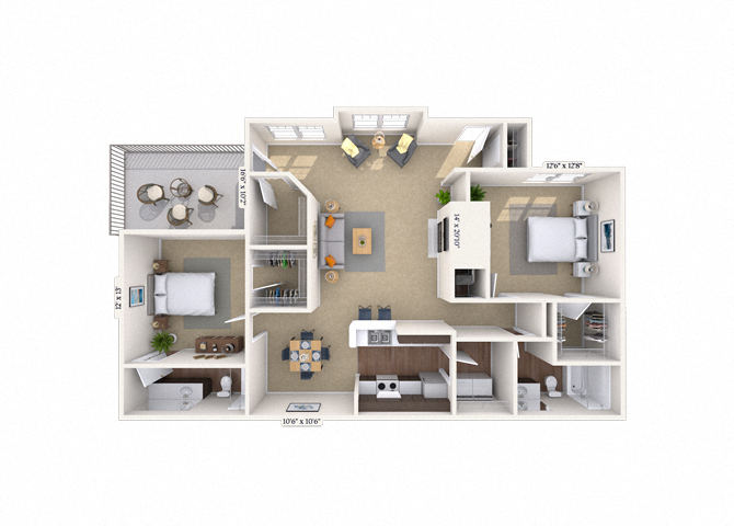 Floor plan for 2 beds, 2 baths, 1298 sqft