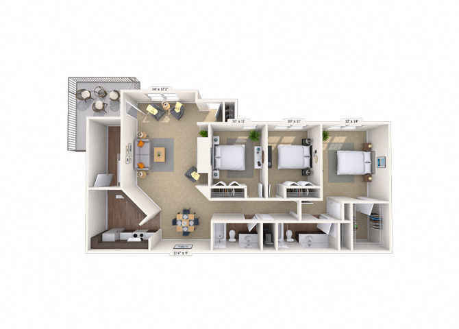 Floor plan for 3 beds, 2 baths, 1471 sqft