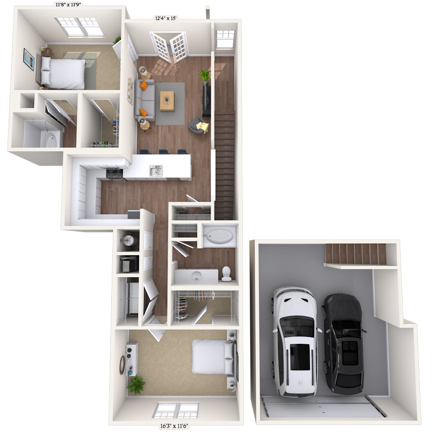 Floor plan for 2 beds, 2 baths, 1285 sqft