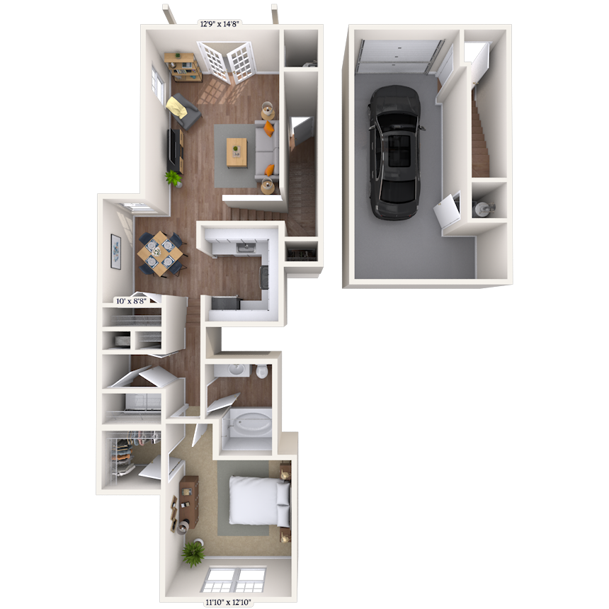 Floor plan for 1 bed, 1 bath, 950 sqft