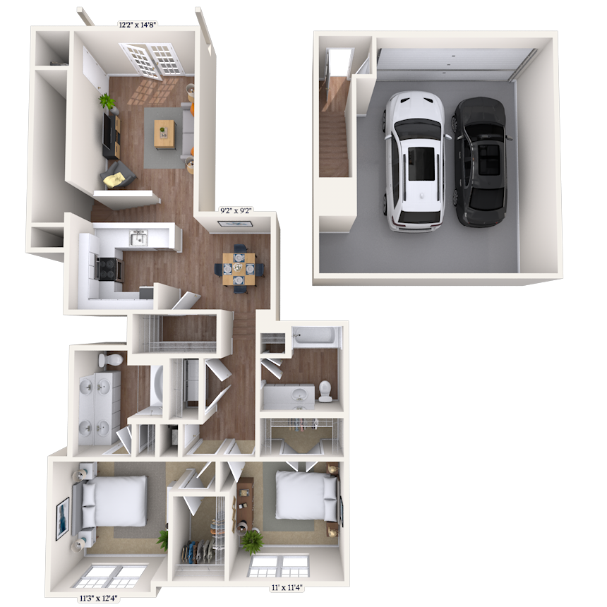 Floor plan for 2 beds, 2 baths, 1281 sqft