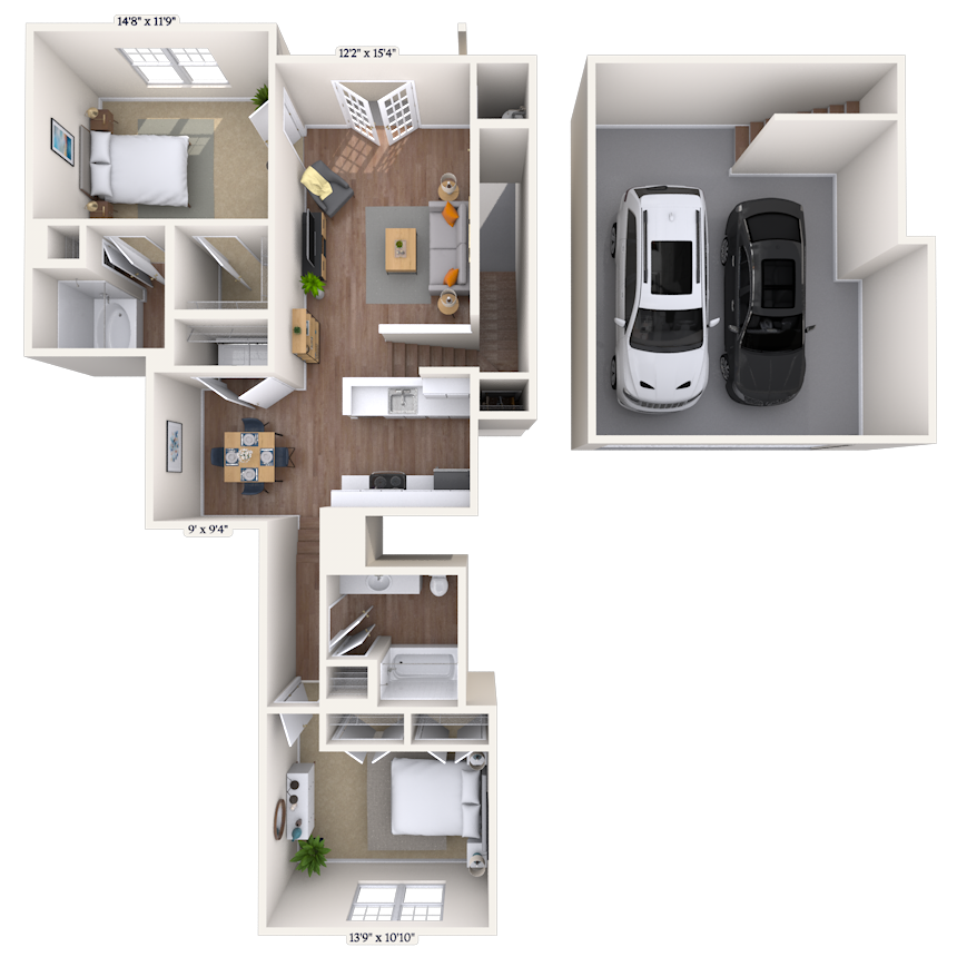Floor plan for 2 beds, 2 baths, 1226 sqft