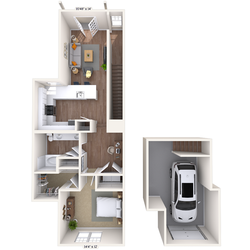 Floor plan for 1 bed, 1 bath, 950 sqft