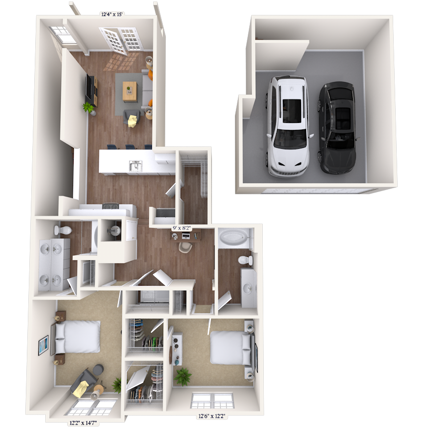 Floor plan for 2 beds, 2 baths, 1341 sqft