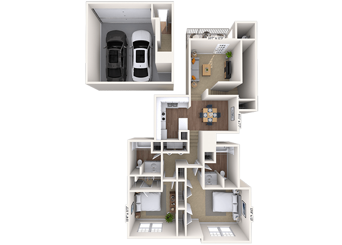 Floor plan for 2 beds, 2 baths, 1231 sqft