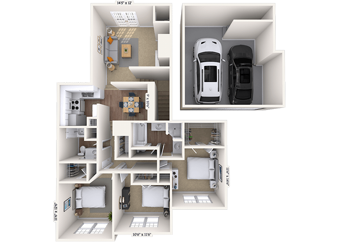 Floor plan for 3 beds, 2 baths, 1415 sqft