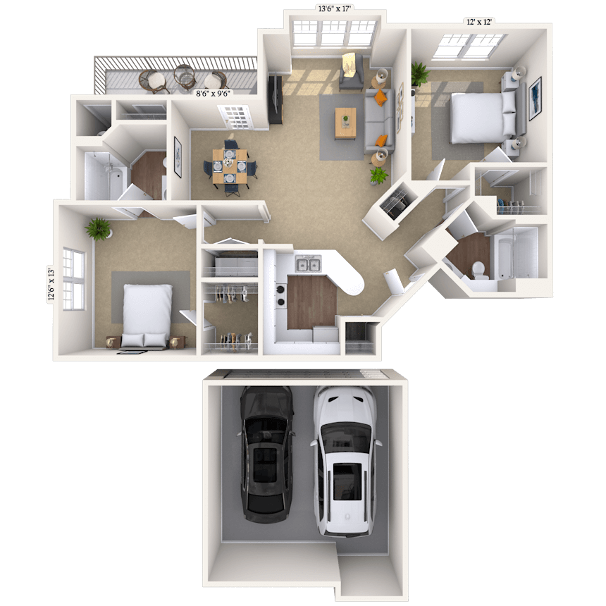 Floor plan for 2 beds, 2 baths, 1110 sqft