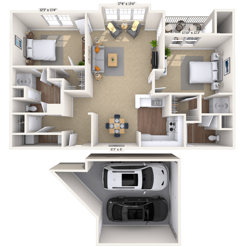 Floor plan for 2 beds, 2 baths, 1121 sqft