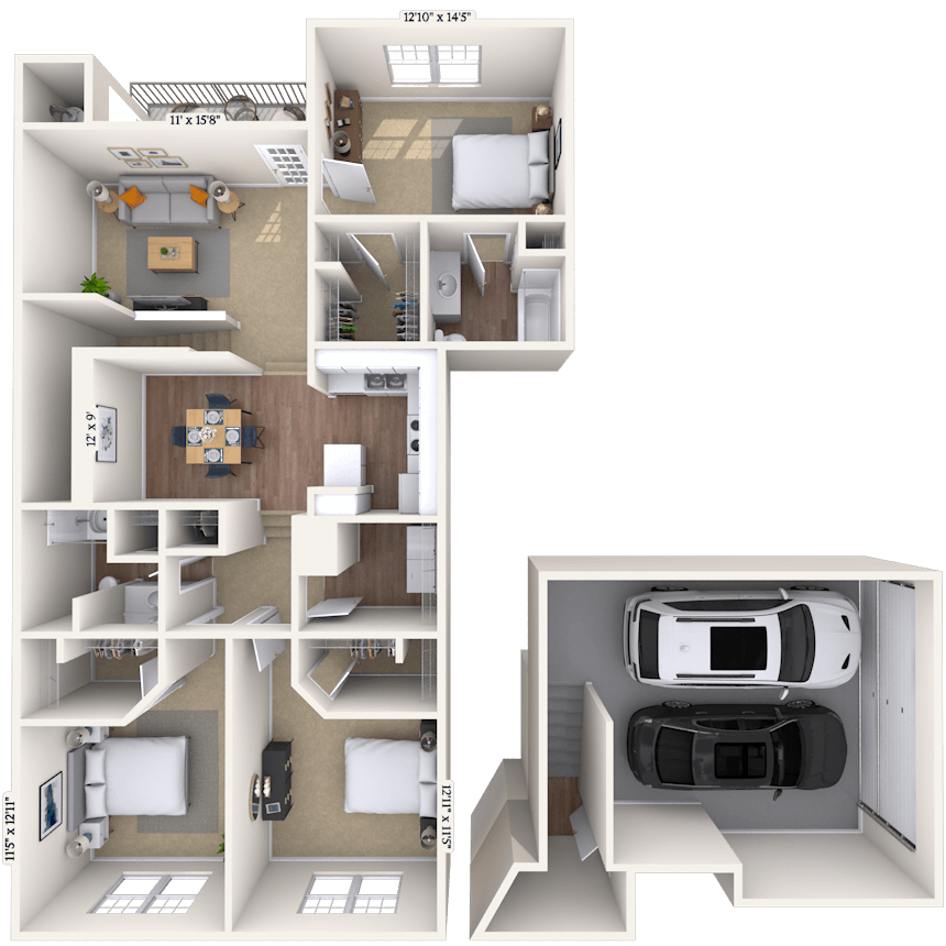 Floor plan for 3 beds, 2 baths, 1401 sqft