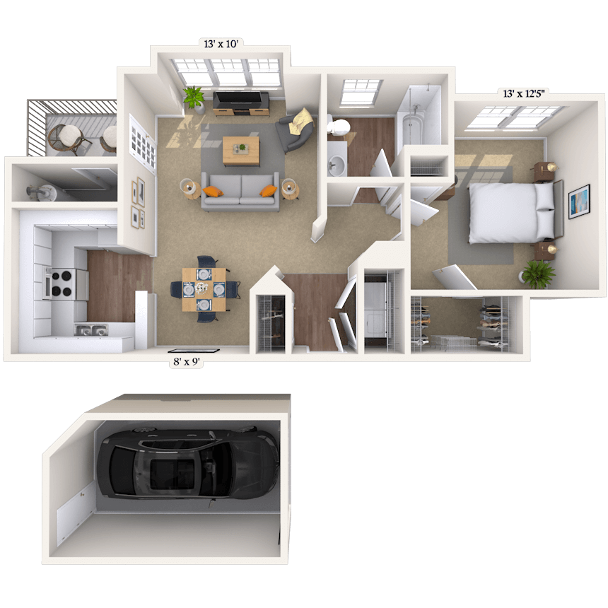 Floor plan for 1 bed, 1 bath, 701 sqft