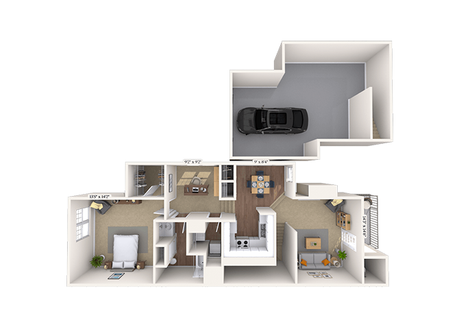 Floor plan for 1 bed, 1 bath, 987 sqft