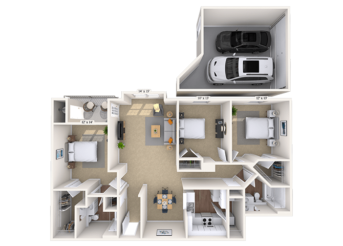 Floor plan for 3 beds, 2 baths, 1412 sqft