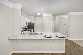 Duluth apartment for rent - a kitchen with a marble counter top and a sink