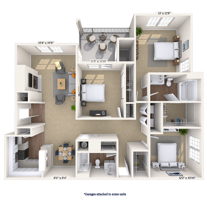 Floor plan for 3 beds, 2 baths, 1491 sqft