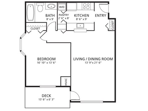 Floor plan for 1 bed, 1 bath, 750 sqft